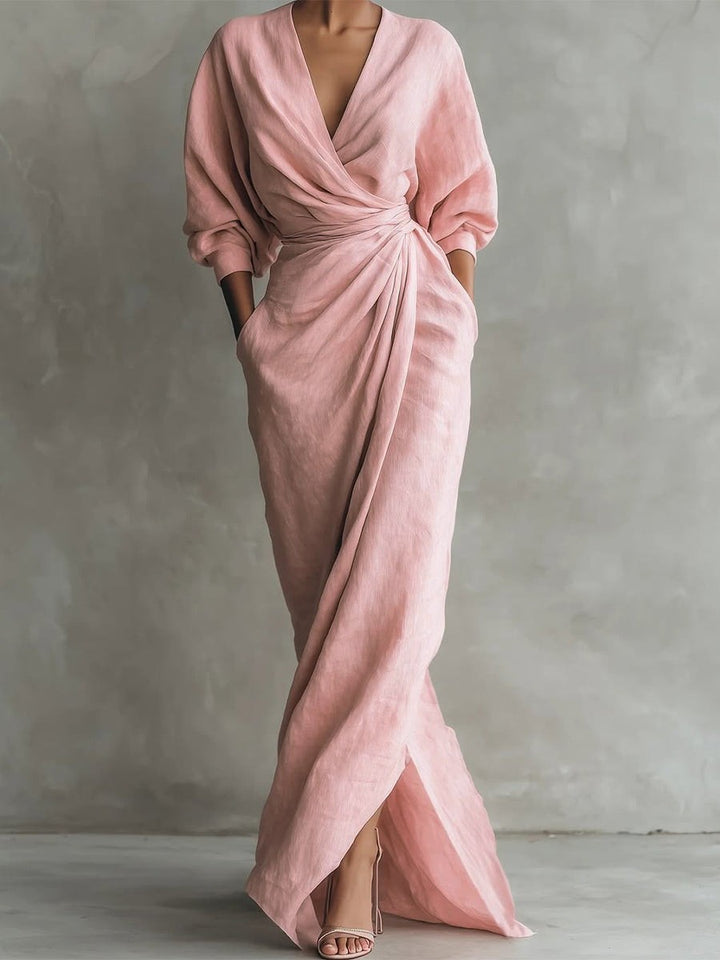 Blush pink linen wrap maxi dress with draped V-neck and thigh split