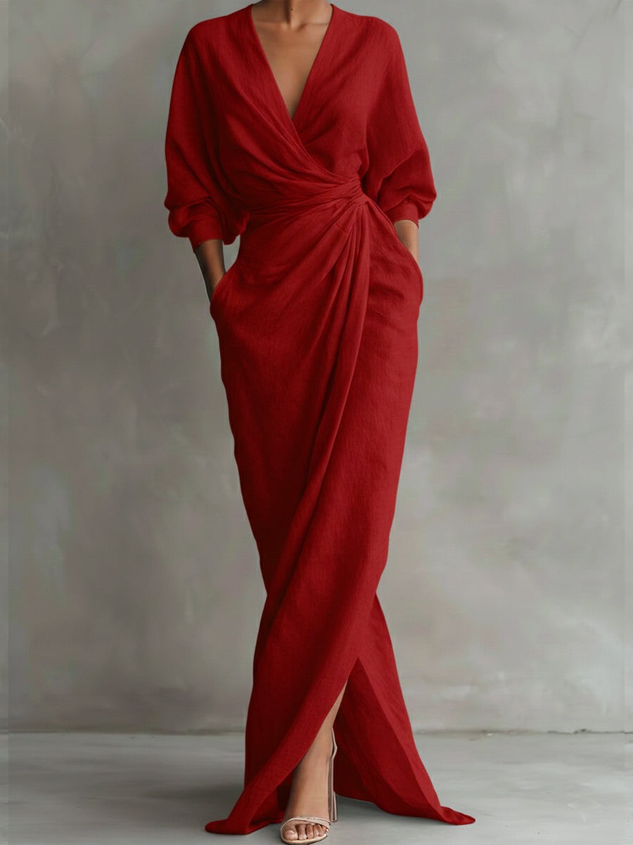 Red linen wrap maxi dress with plunging V-neck and draped waist