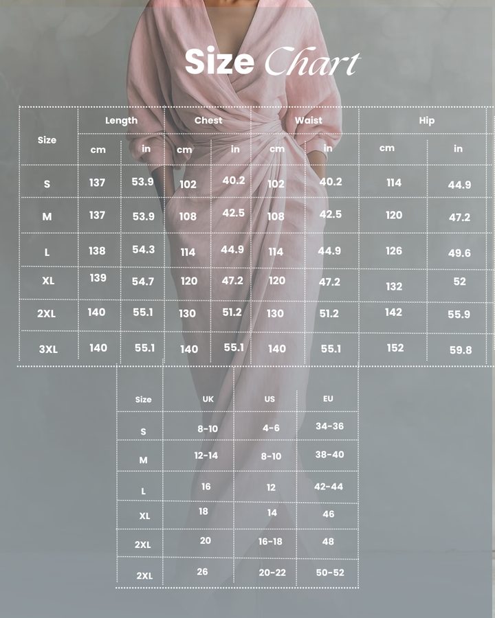Size chart for linen wrap maxi dress showing length, chest and waist measurements