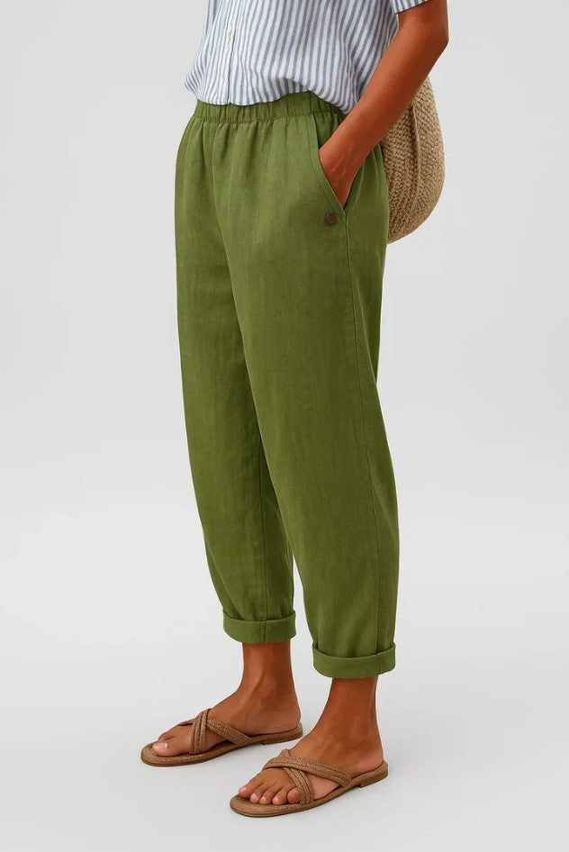 Olive green cropped trousers with turn-up hem and casual tapered silhouette