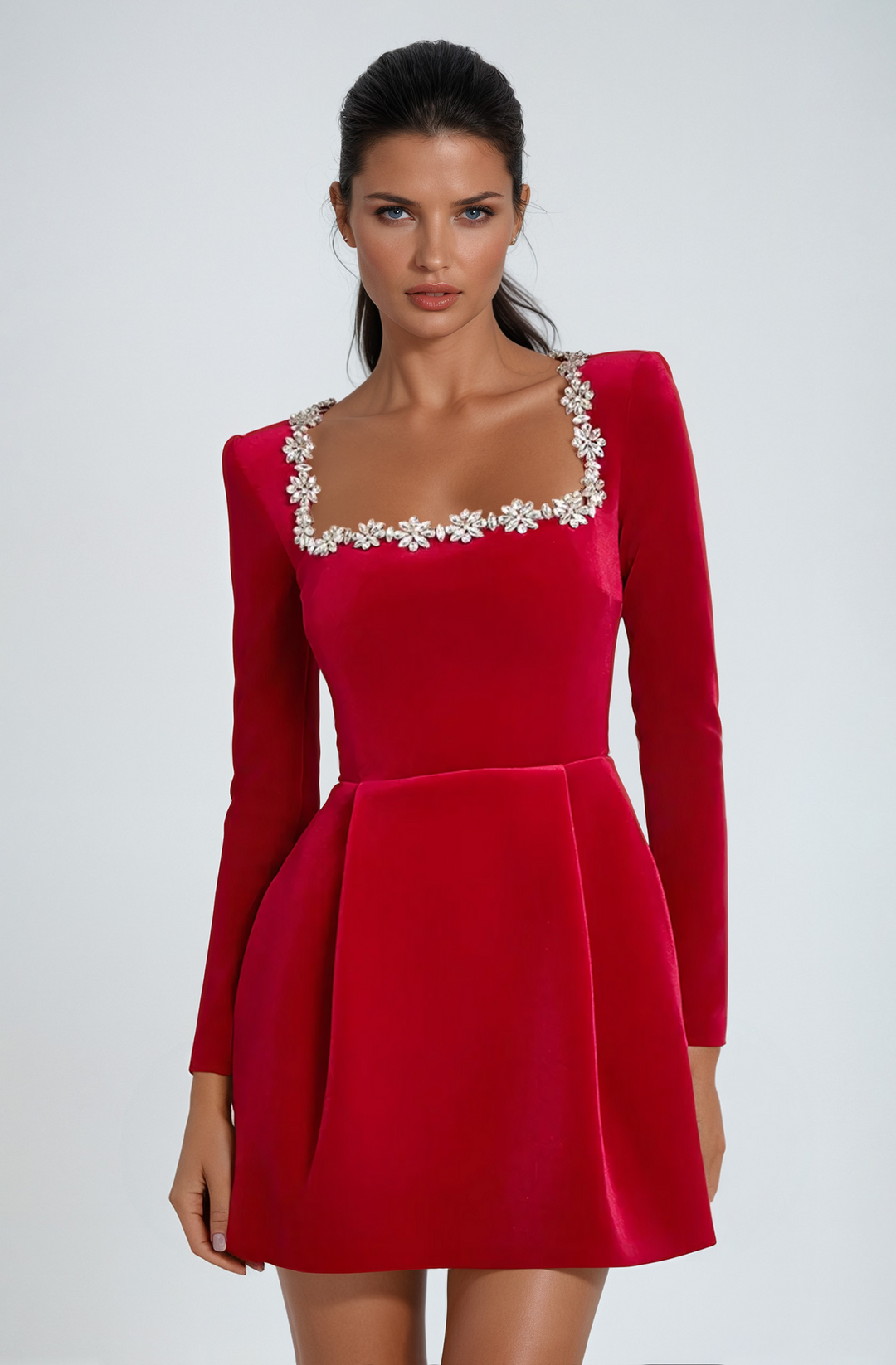 Red velvet long-sleeve mini dress with jewelled square-cut neckline detail