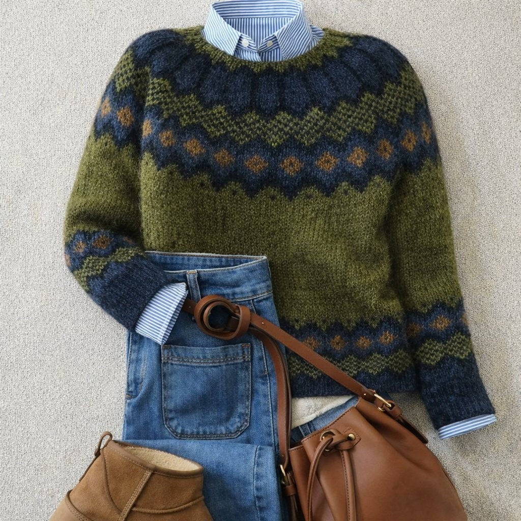 Green and navy Fair Isle jumper styled with jeans, striped shirt and tan accessories