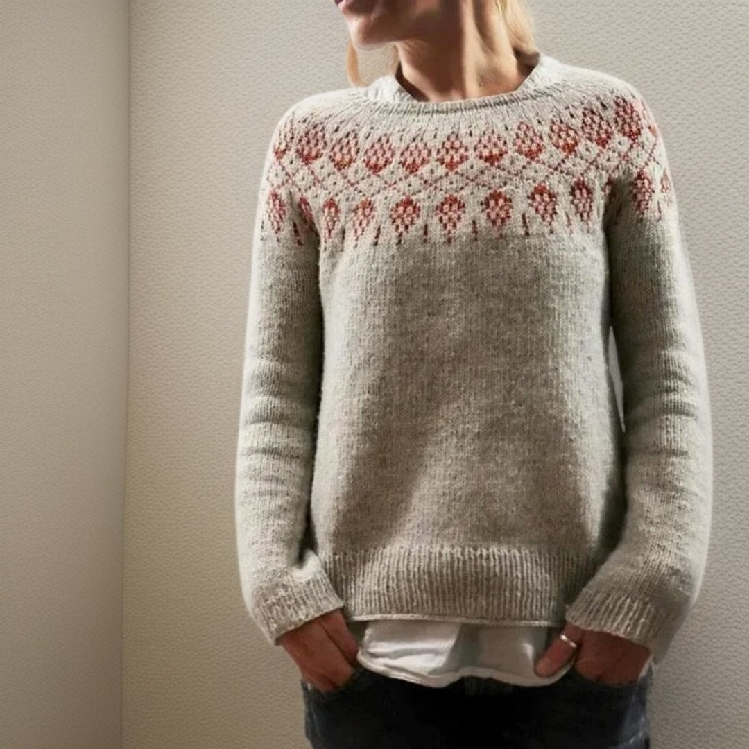 Grey Fair Isle knit jumper with red patterned yoke and relaxed crew neck