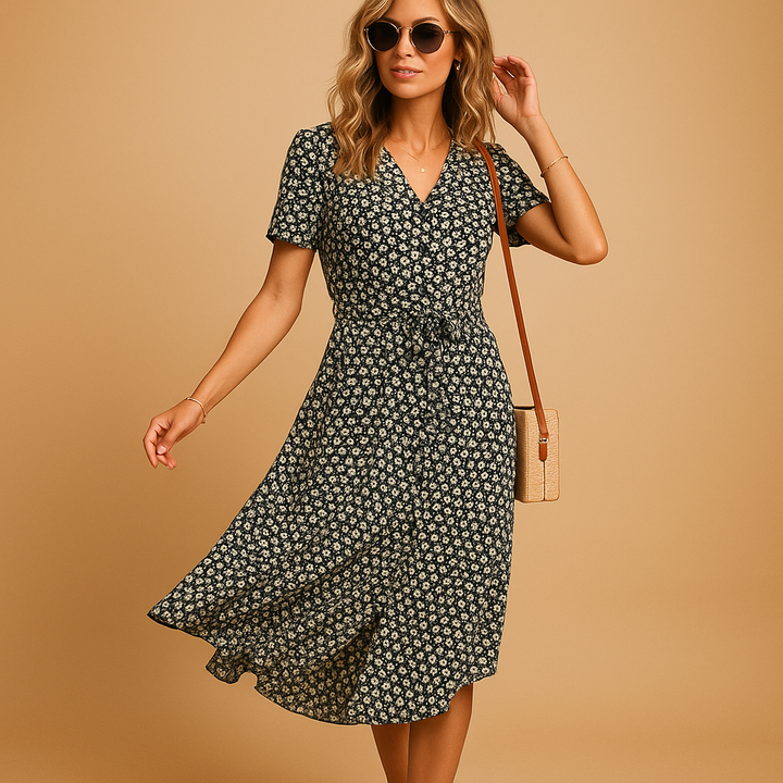 Navy ditsy floral midi dress with tie waist and button-through front