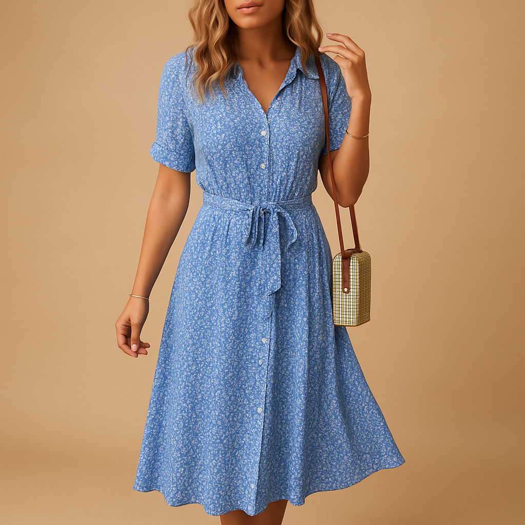 Blue floral shirt-style midi dress with collar and tie belt