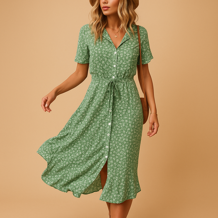 Green ditsy floral midi dress with button front and side split