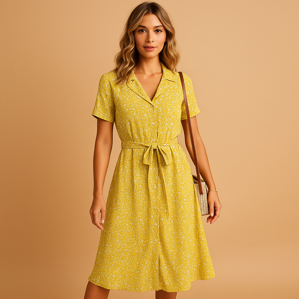 Yellow floral midi dress with notch collar and tie waist