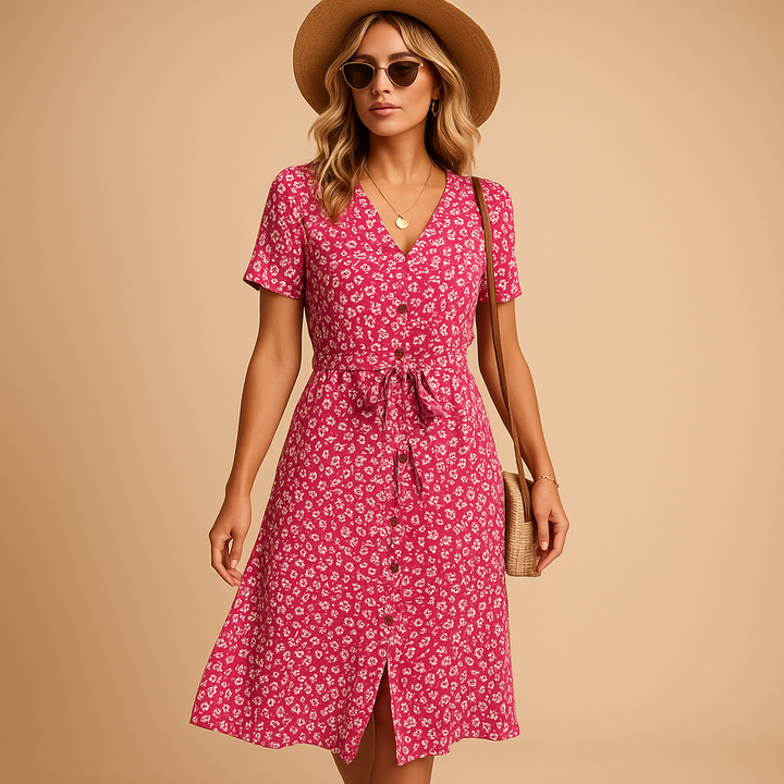 Pink ditsy floral midi dress with V-neck and button-through skirt