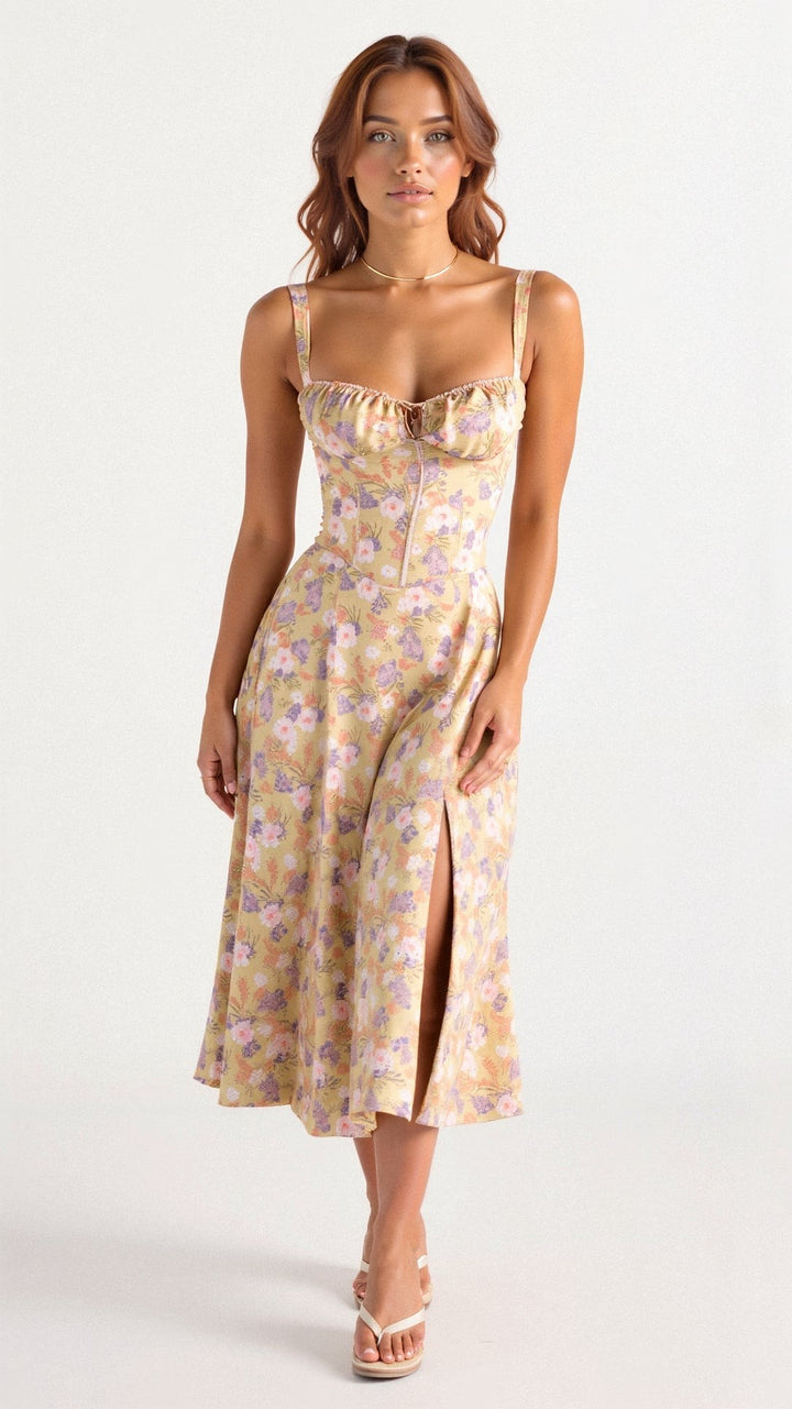 Yellow floral midi dress with corset bodice and front leg slit