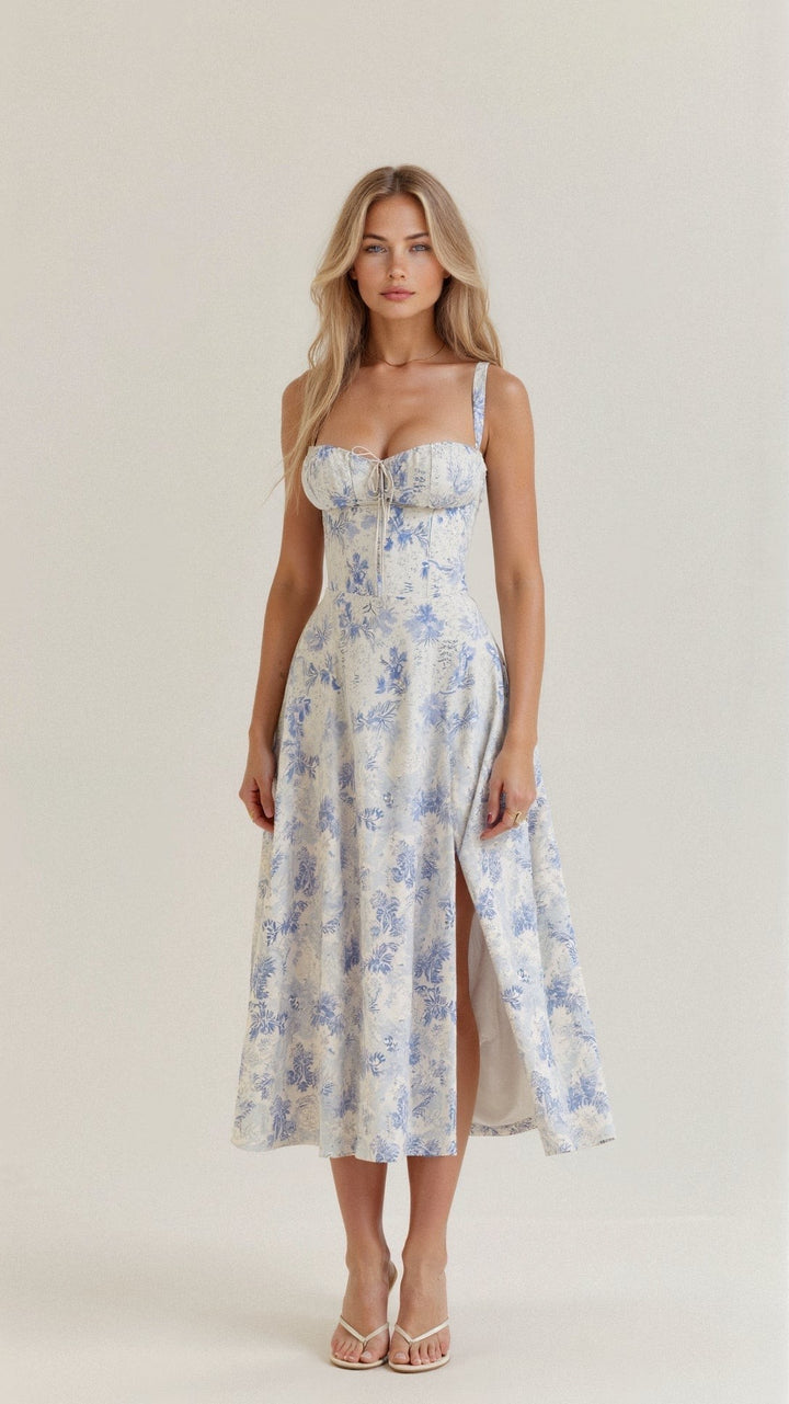 Blue floral midi dress with sweetheart neckline and thigh-high slit