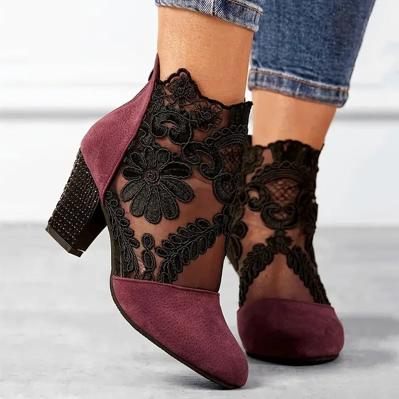 Burgundy suede ankle boots with sheer floral lace panel and block heel