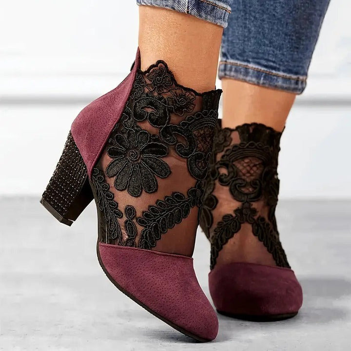 Burgundy suede ankle boots with sheer floral lace panel and block heel