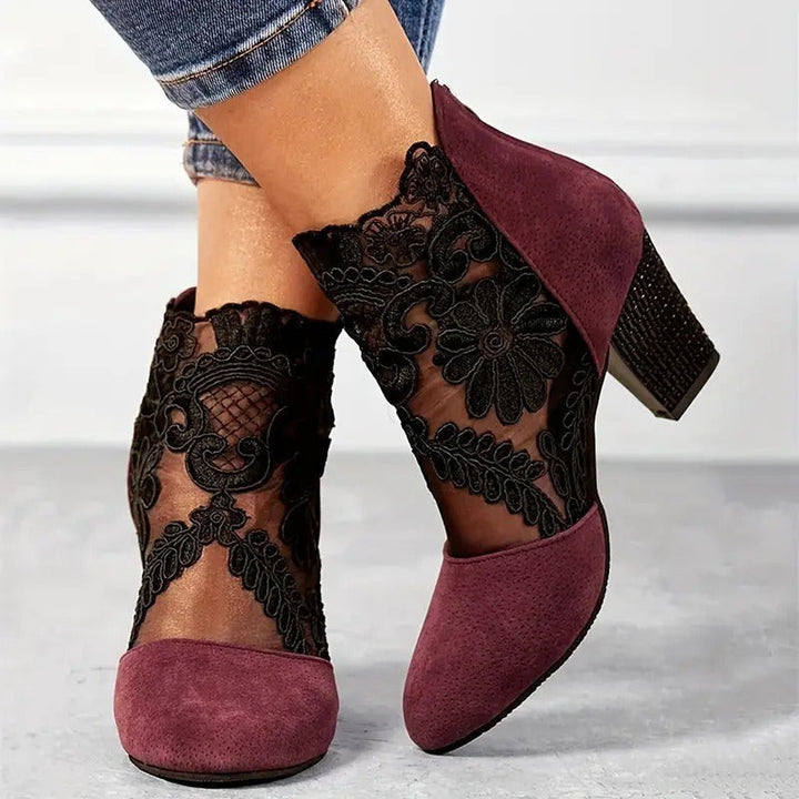 Wine-coloured block heel booties featuring embroidered mesh lace detailing