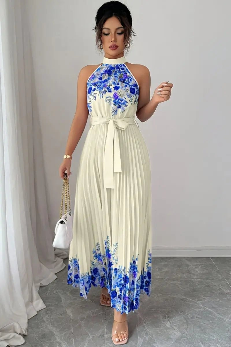 Ivory pleated maxi dress with blue floral print and halter collar