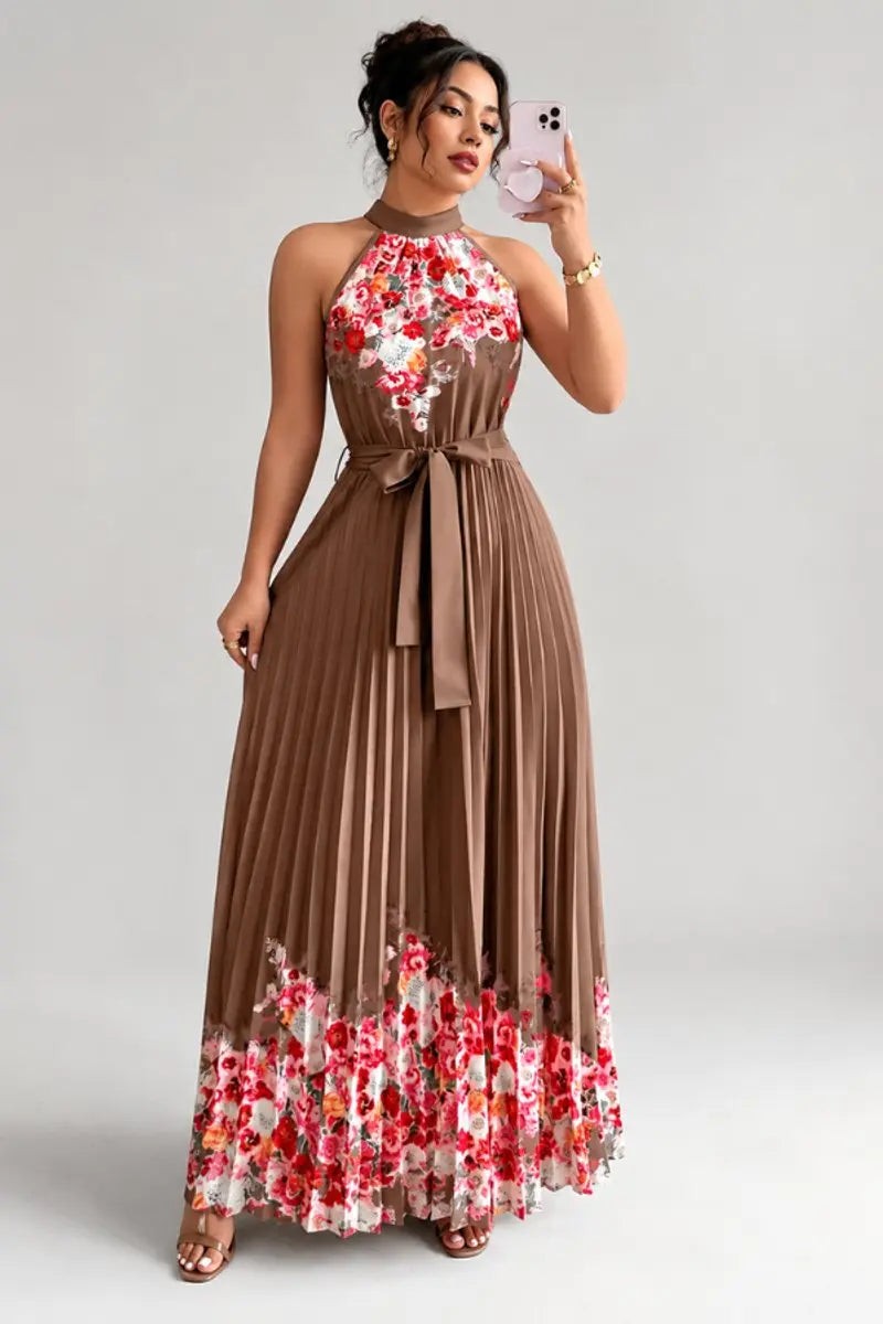 Taupe pleated halter maxi dress with floral border print
