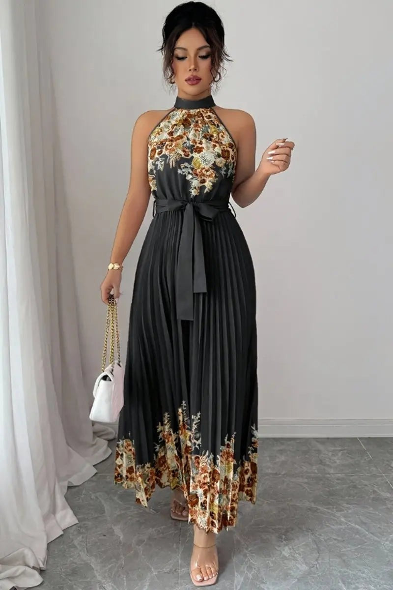 Charcoal pleated halter maxi dress with floral bodice and hem print