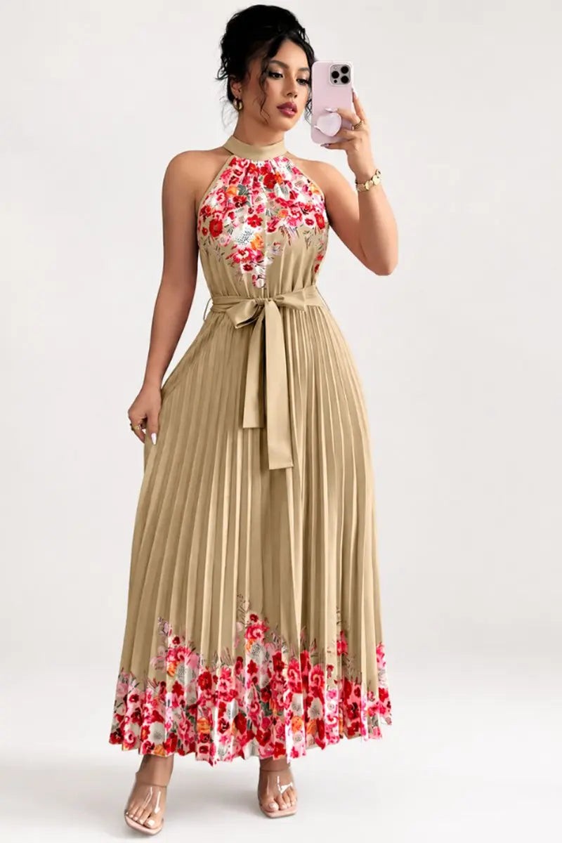 Camel pleated halter maxi dress with floral border print