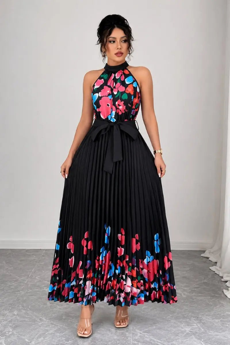 Black pleated halter maxi dress with multicolour floral hem print