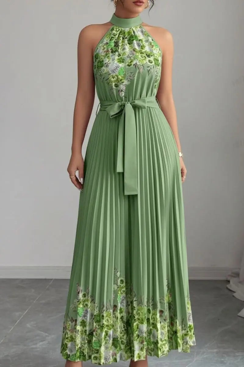 Sage green pleated halter maxi dress with floral hem detailing