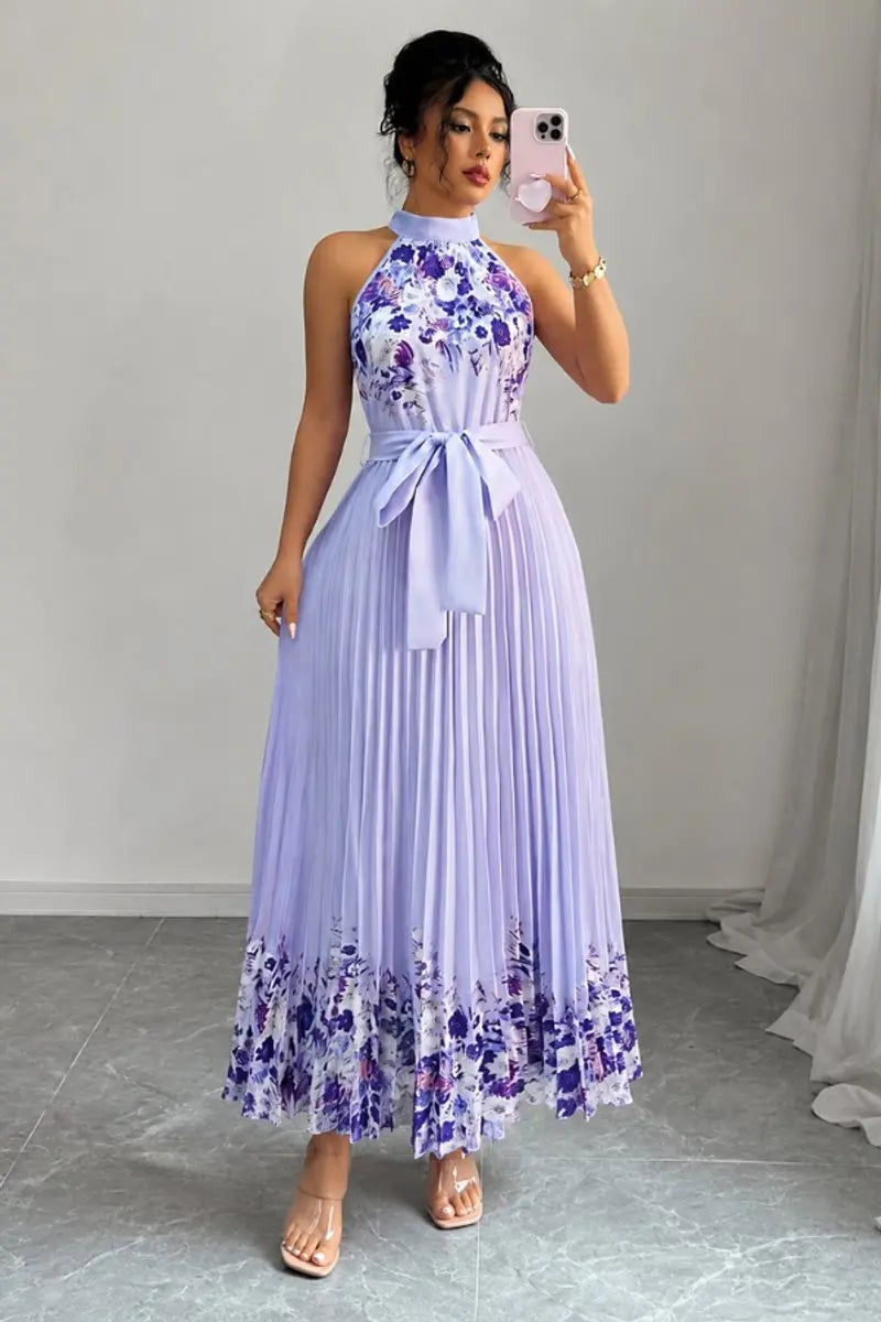 Lilac floral pleated maxi dress with halter collar and tie belt
