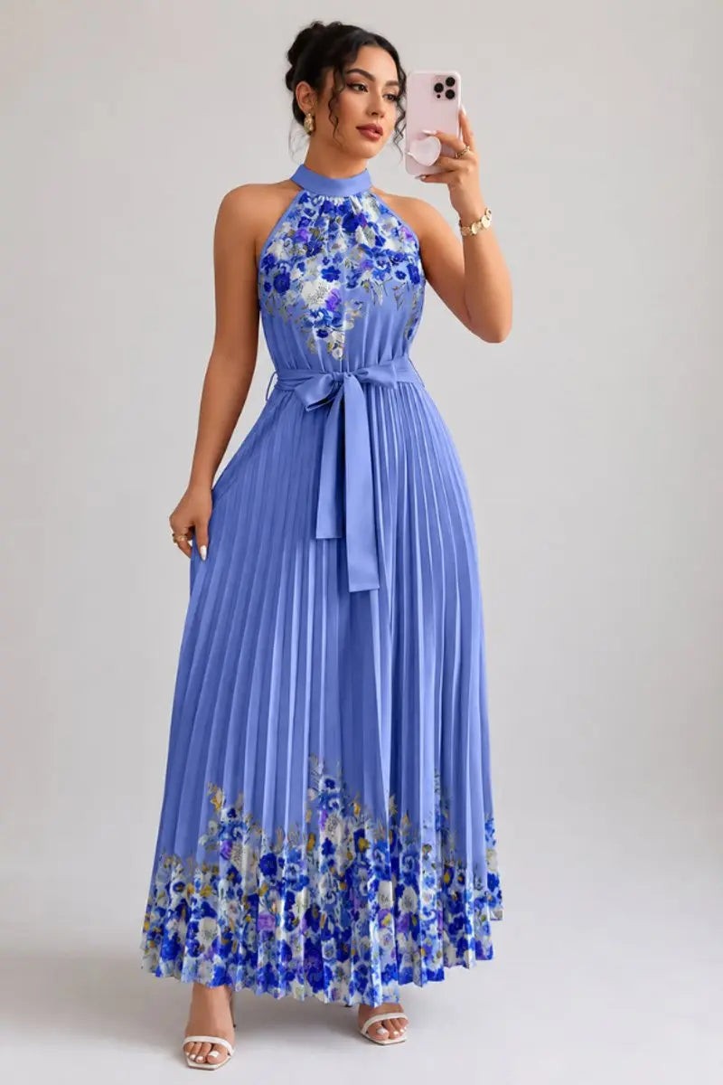 Cornflower blue pleated maxi dress with floral border and halter neck