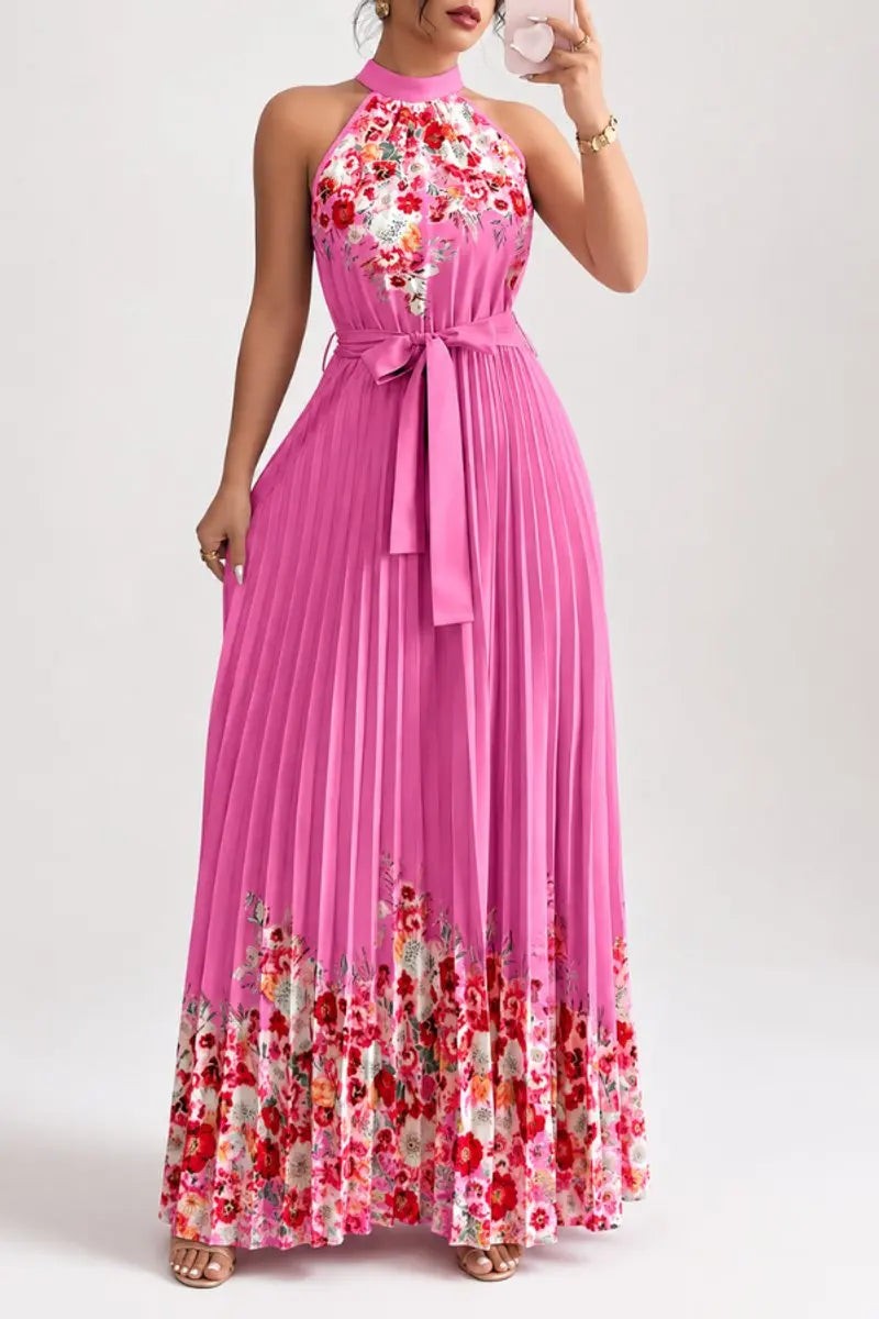 Rose pink pleated halter maxi dress with floral bodice print
