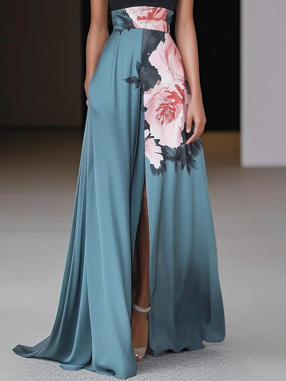 Teal floral maxi skirt with thigh-high slit and flowing satin-effect fabric