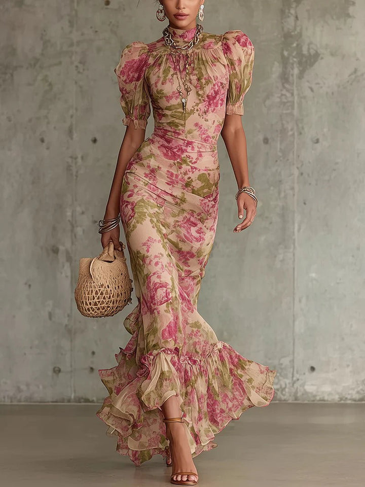 Floral puff-sleeve maxi dress with ruffled mermaid hem and high neck