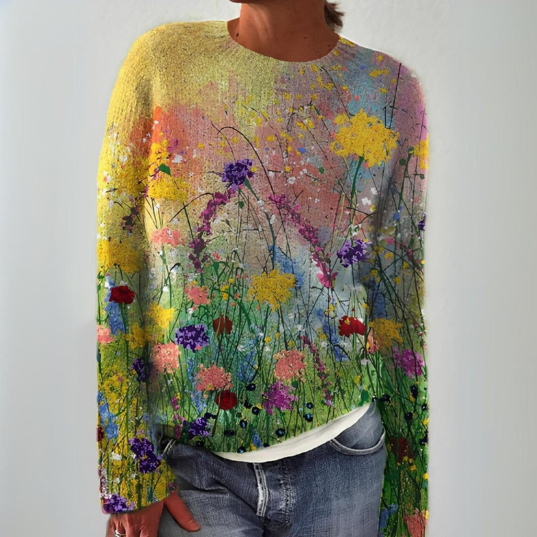 Long sleeve knit jumper with vivid wildflower meadow art print