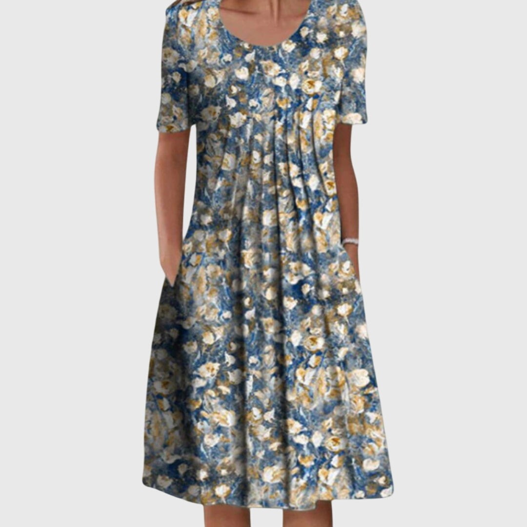 Round neck midi dress in blue with gold floral pattern