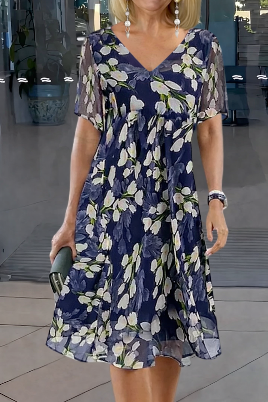 Navy floral midi dress with V-neck and sheer flutter sleeves