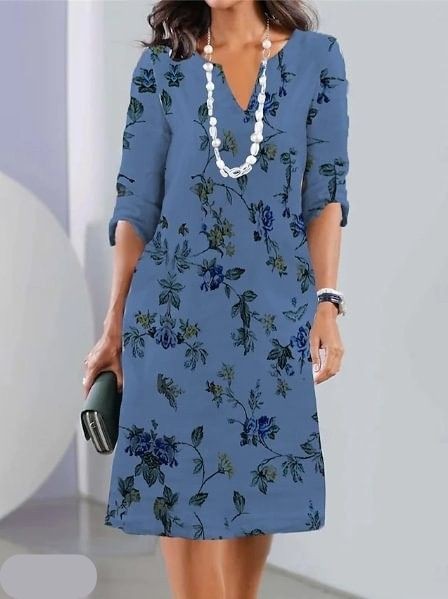 Blue floral tunic dress with V-neck and rolled-up sleeves