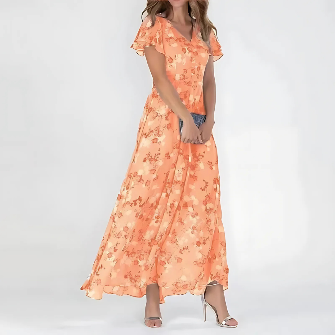 Floral Print V-Neck Flutter-Sleeve Maxi Dress for Women