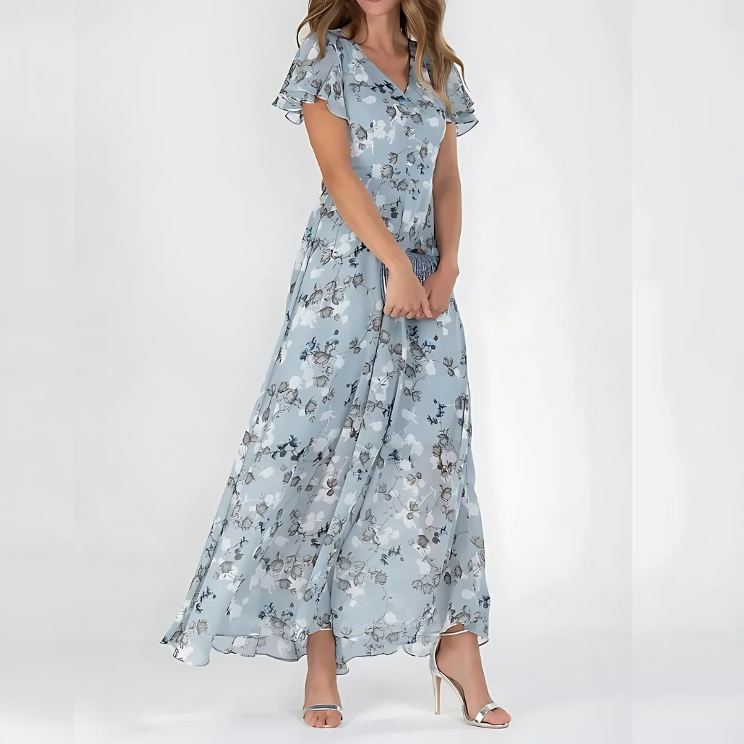 Floral Print V-Neck Flutter-Sleeve Maxi Dress for Women