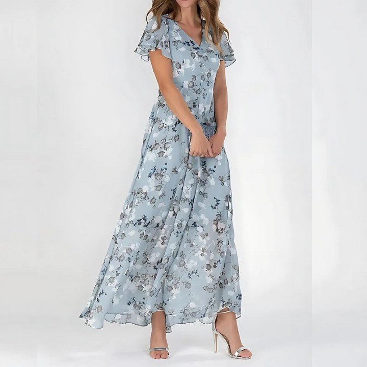 Floral Print V-Neck Flutter-Sleeve Maxi Dress for Women