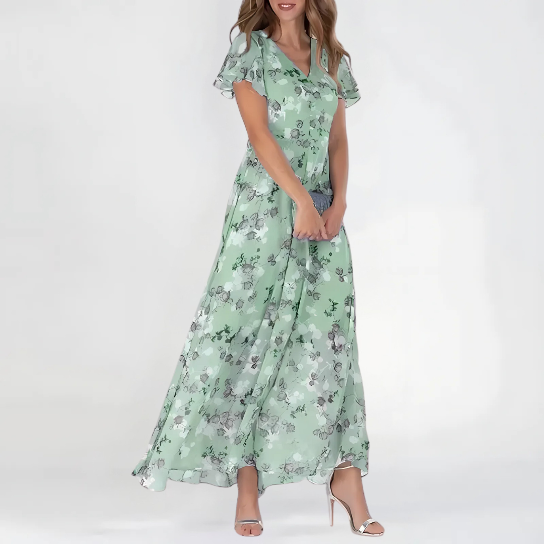 Sage green floral chiffon maxi dress with flutter sleeves and V-neck