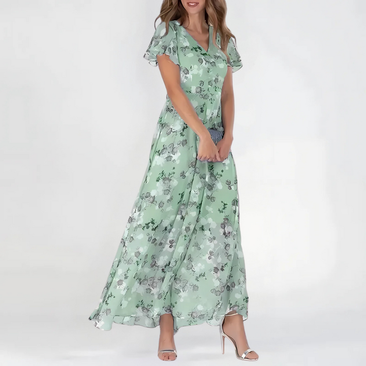 Sage green floral chiffon maxi dress with flutter sleeves and V-neck