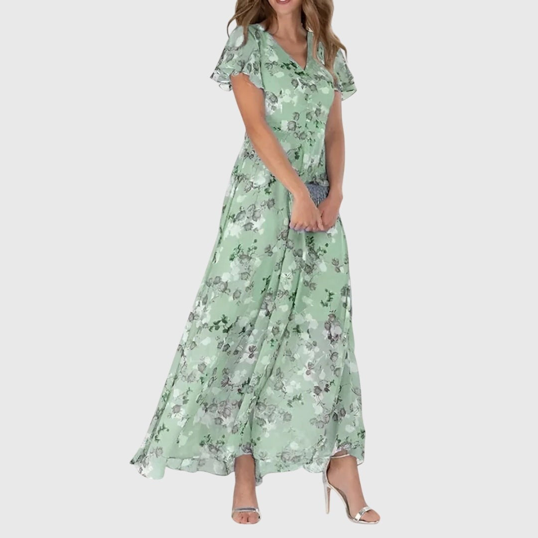 Sage green floral maxi dress with V-neck and flutter sleeve detail