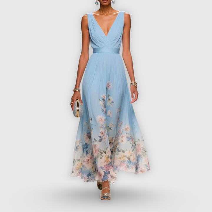 Pale blue floral maxi dress with plunging V-neck and flowing chiffon skirt