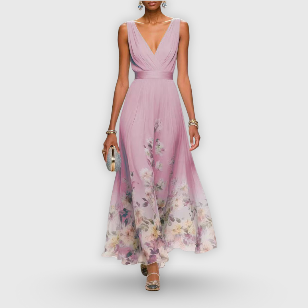 Dusty pink V-neck maxi dress featuring floral hem print and flowing silhouette