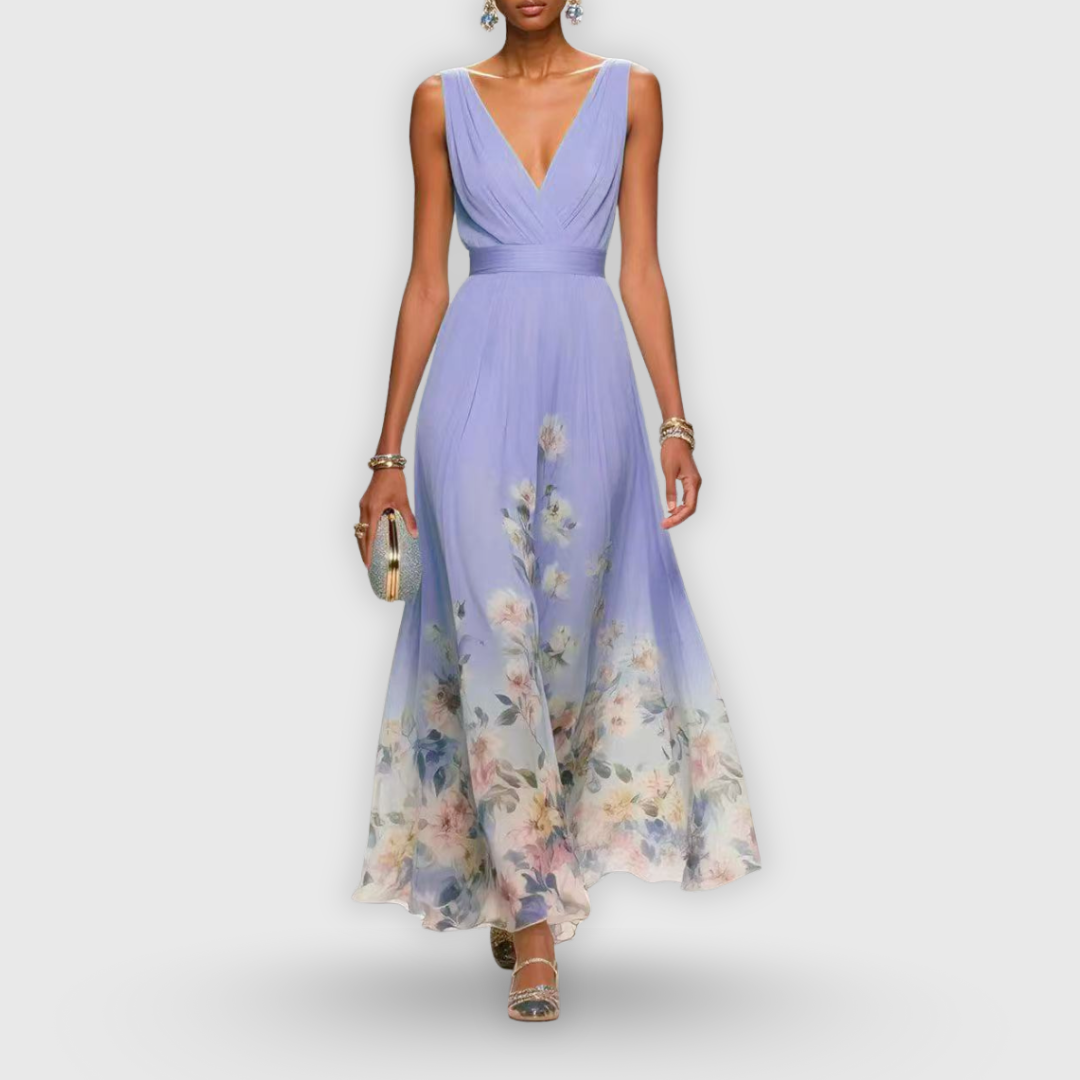 Lilac floral maxi dress with V-neckline, ruched bodice and flowing hemline