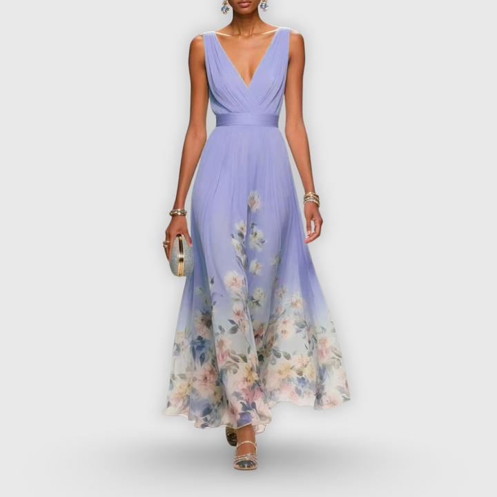 Lilac floral maxi dress with V-neckline, ruched bodice and flowing hemline