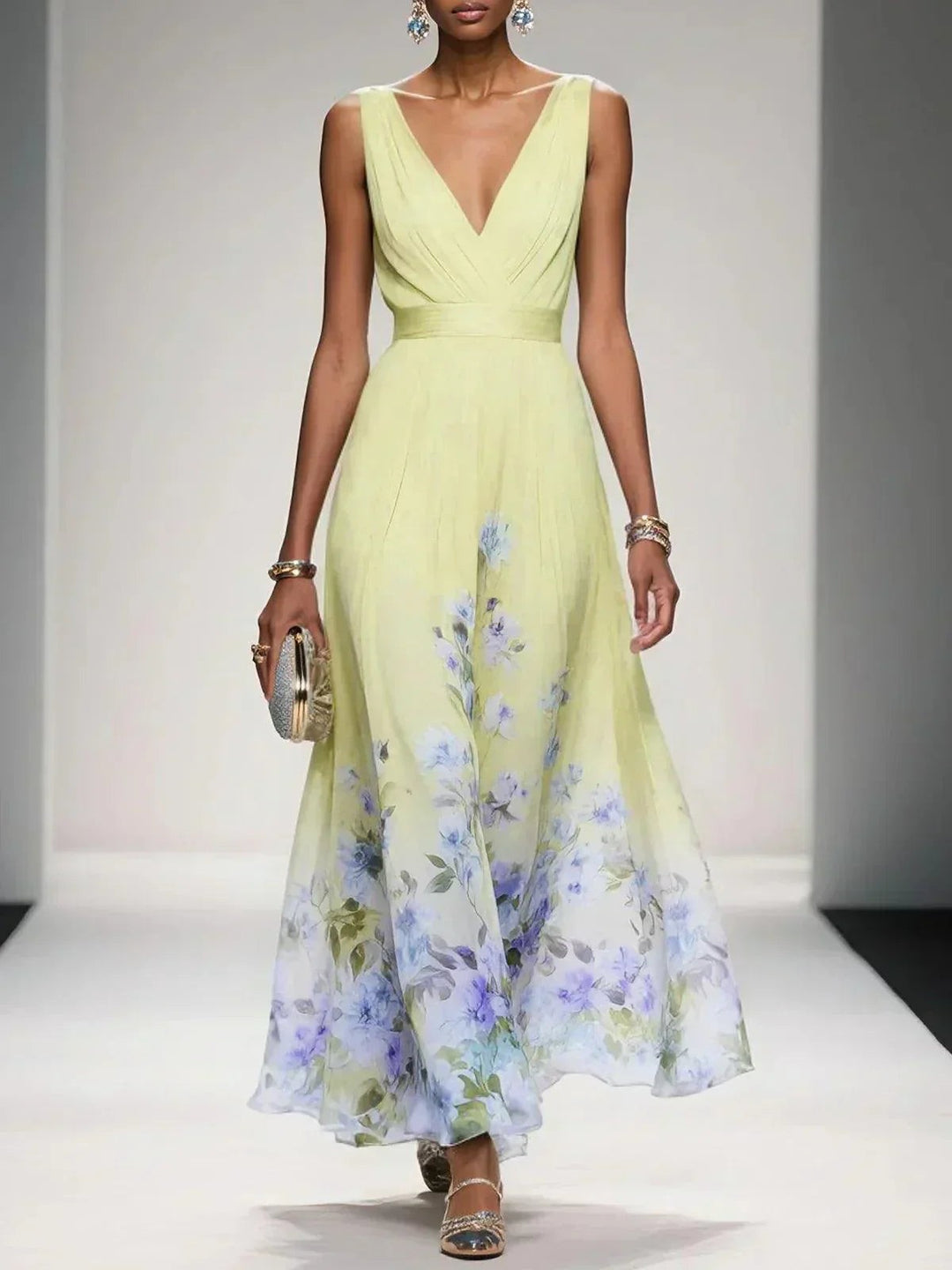 Pastel yellow floral print maxi dress with sleeveless pleated bodice