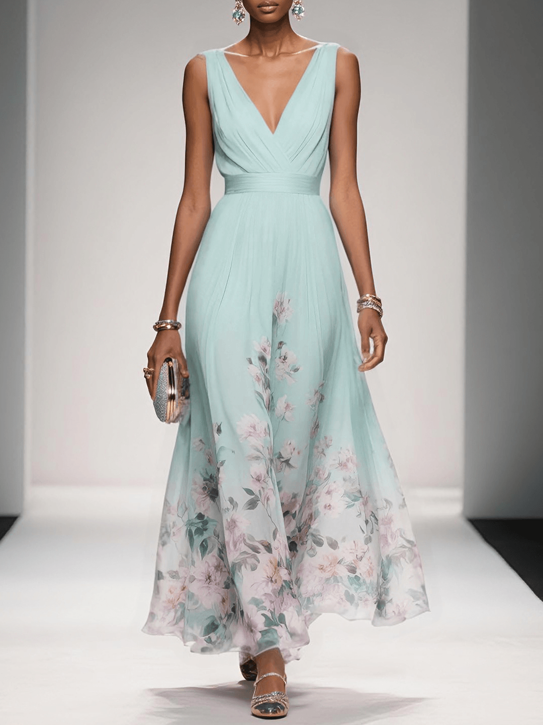 Duck egg blue floral hem maxi dress with wrap-style V-neck design