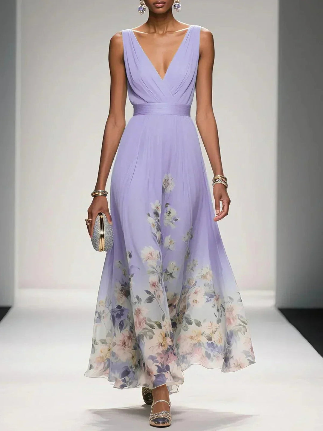 Lilac floral hem maxi dress featuring draped bodice and A-line skirt