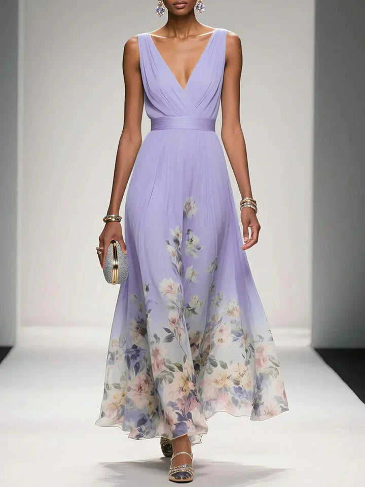 Lilac floral hem maxi dress featuring draped bodice and A-line skirt
