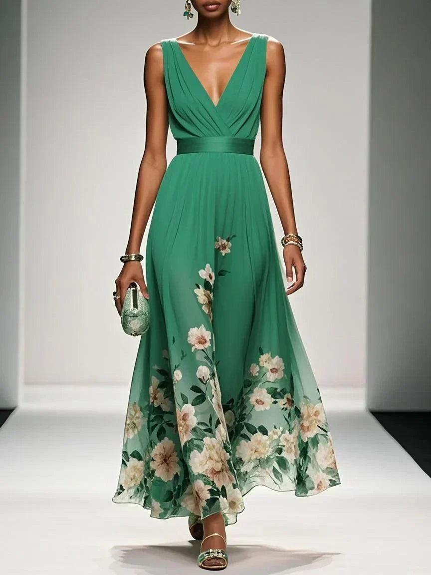 Emerald green floral hem maxi dress with sleeveless wrap-effect bodice