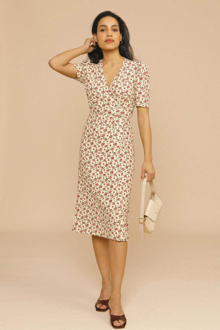 Cream floral midi dress with wrap front, puff sleeves and tie waist