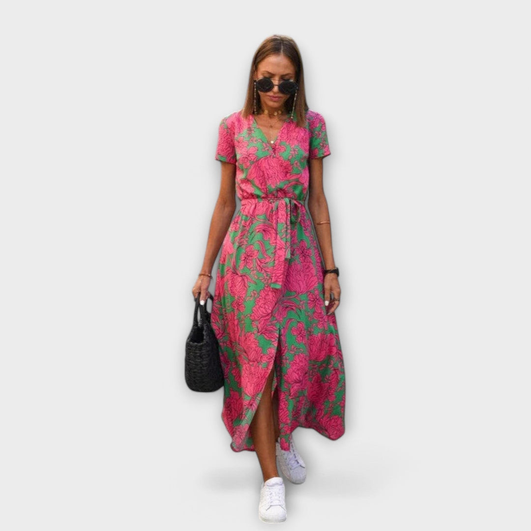 Pink and green floral wrap midi dress with short sleeves and tie waist