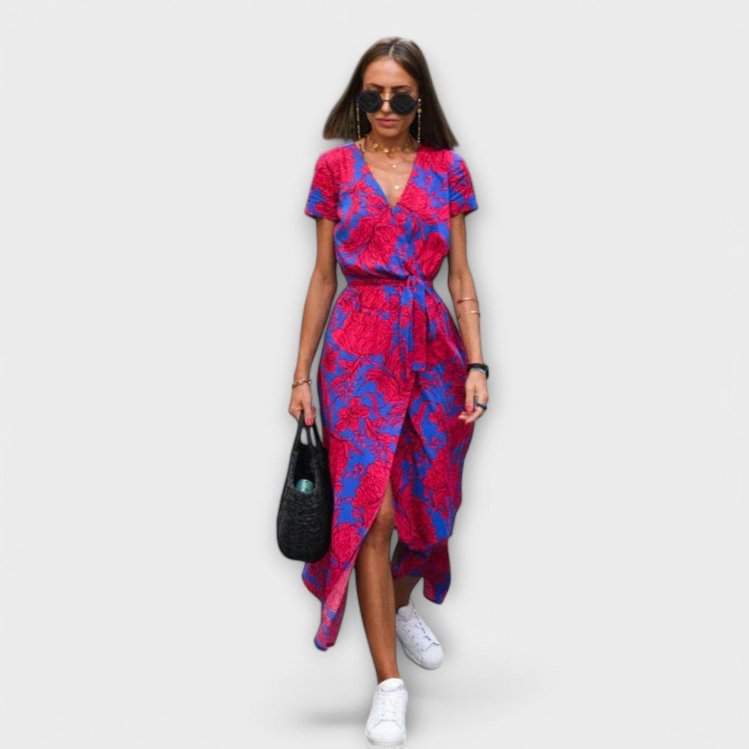 Pink and blue floral wrap midi dress with V-neck and short sleeves